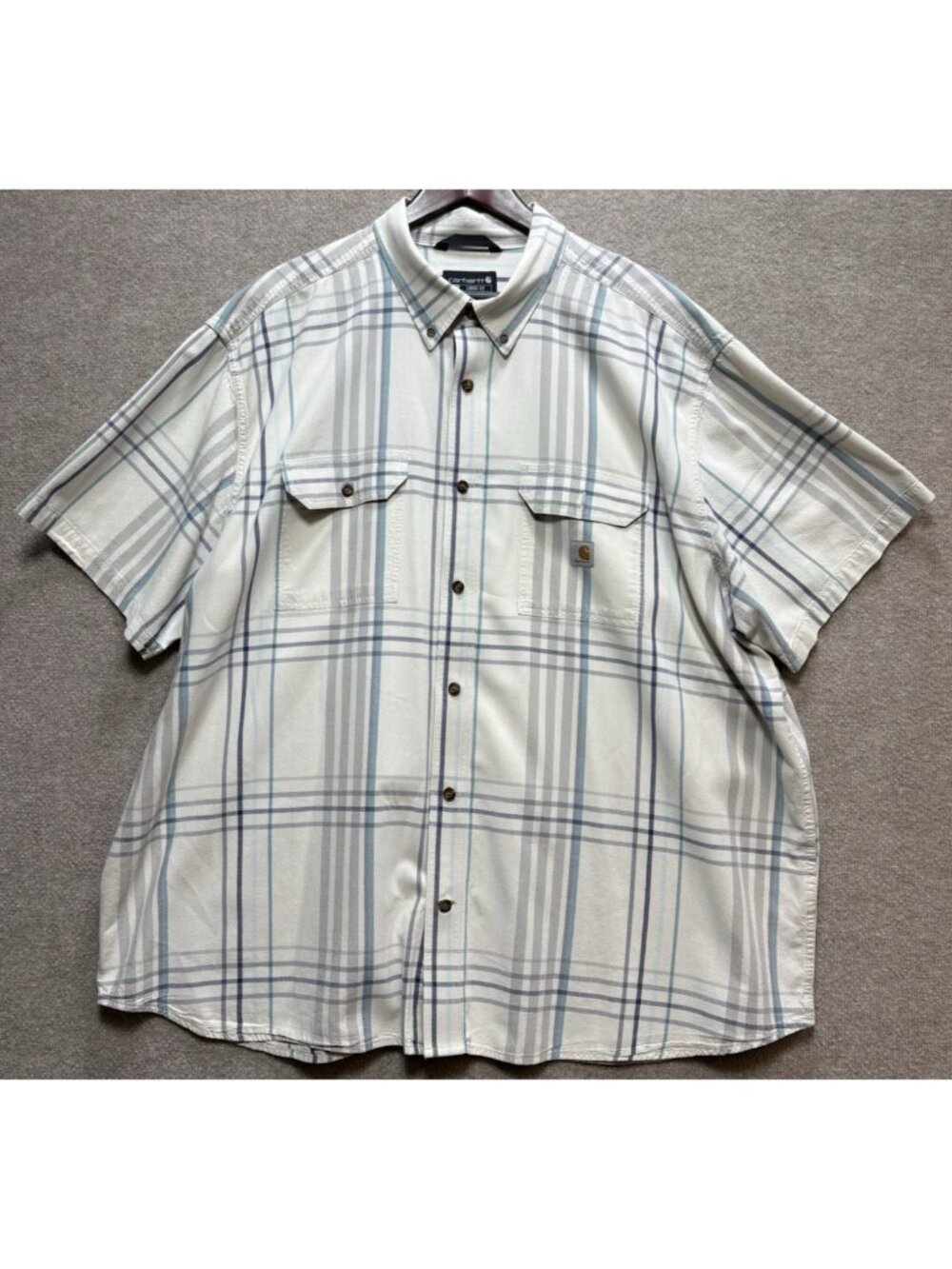 Carhartt Men's 3XL 100% Cotton Loose Fit Casual Shirt Beige Blue Gray Plaid GUC